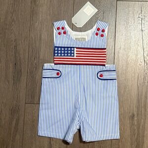 Lil Cactus Baby Boys American Flag Smocked Jon Jon Seersucker Romper 3-6M NWT